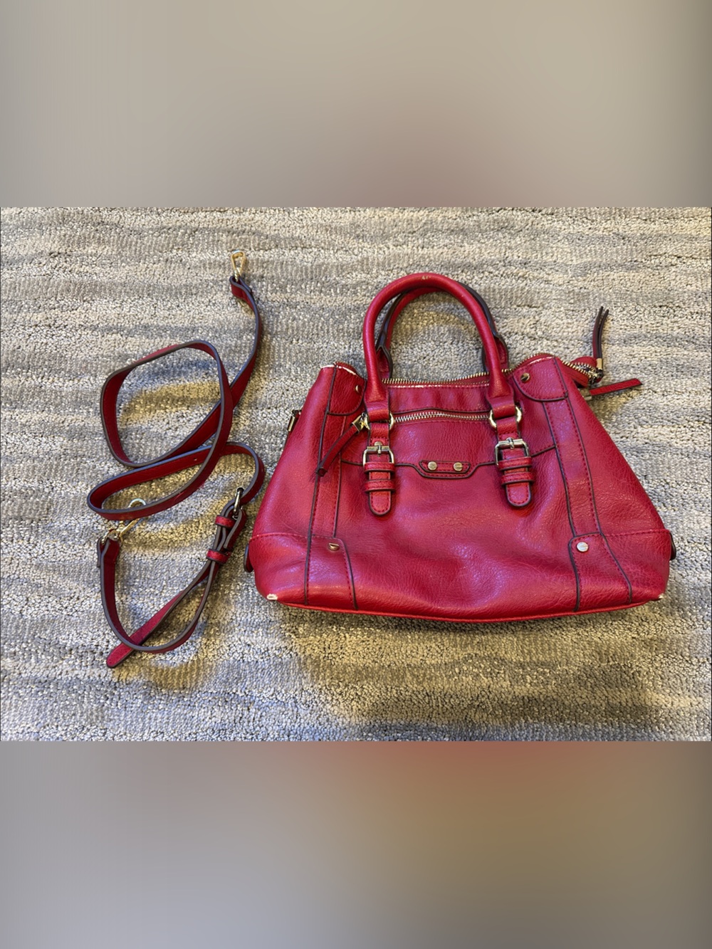 Red Leather Satchel Handbag with Detachable Strap